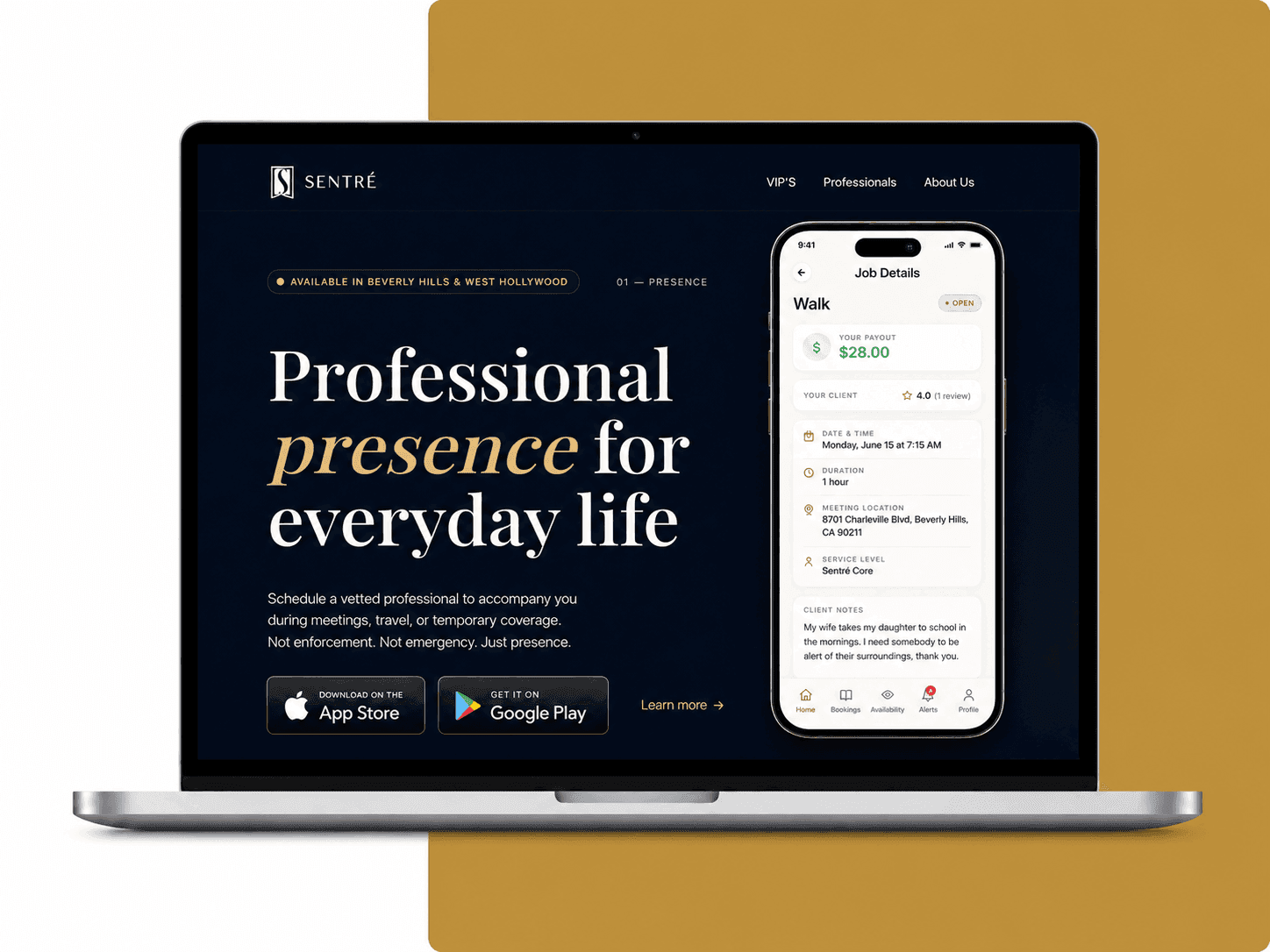 Sentré's website on a laptop and its booking app on a phone
