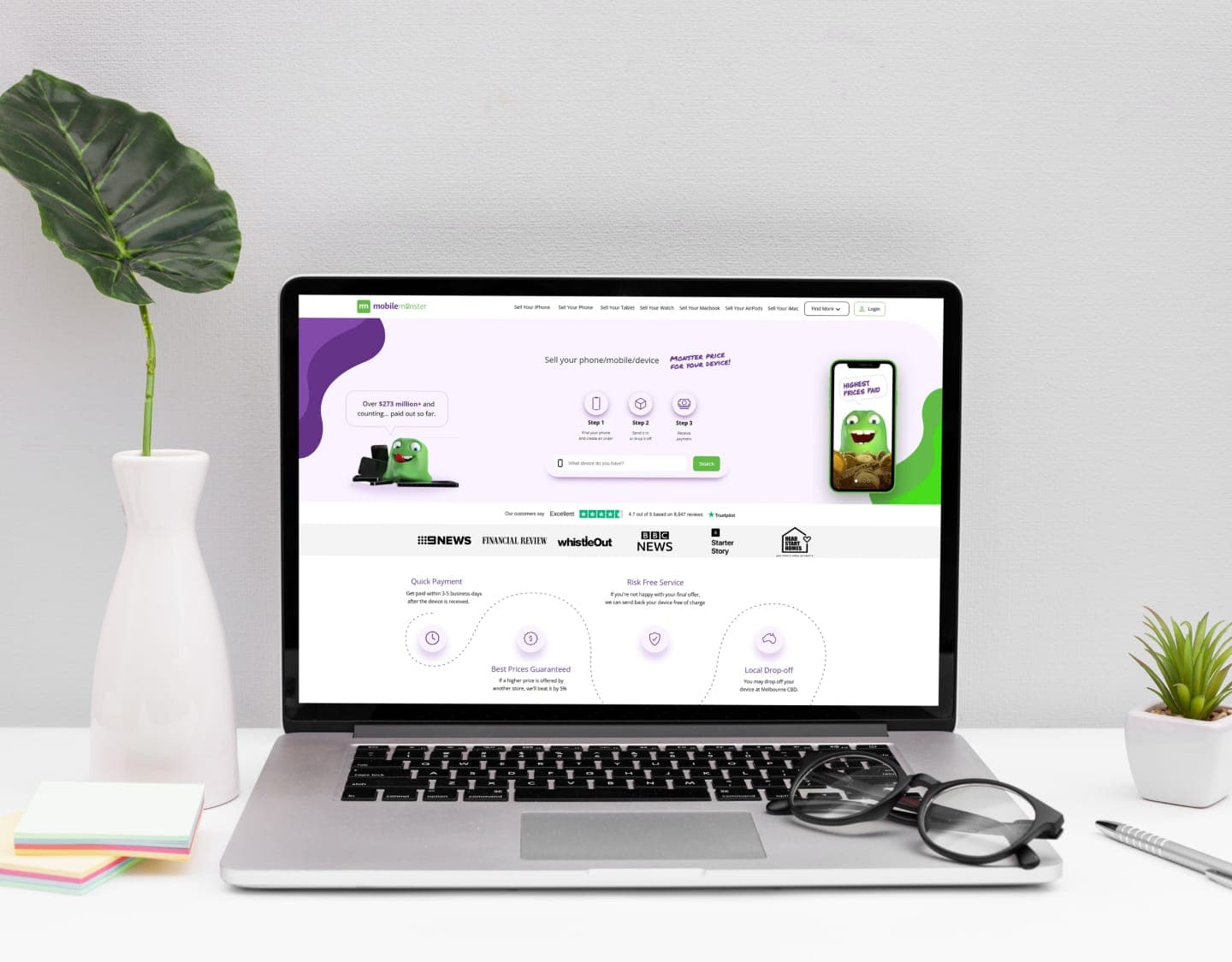 Mobile Monster's device trade-in website on a laptop